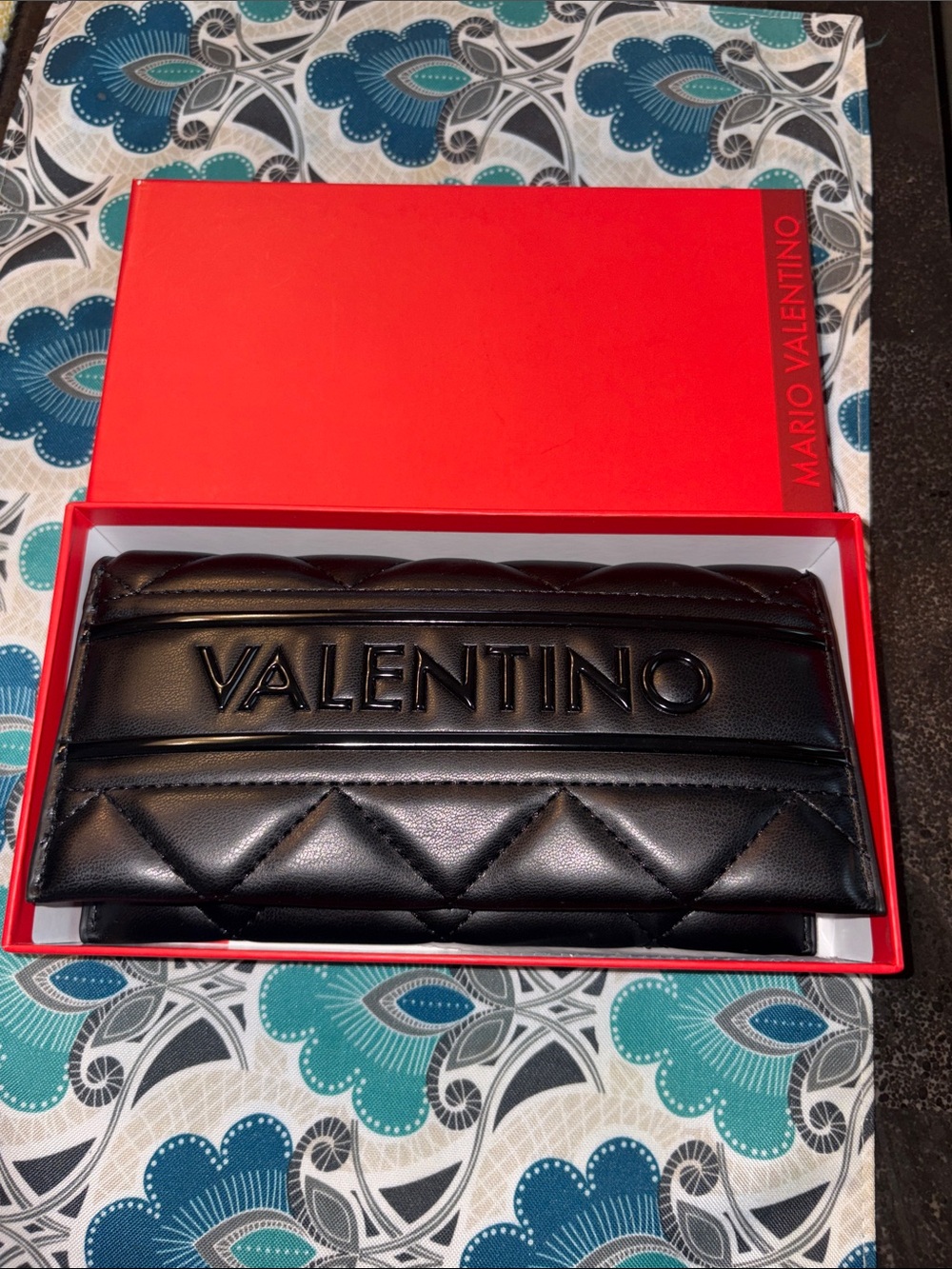 Valentino Black Quilted Leather Card Holder Wallet with Embossed Logo
